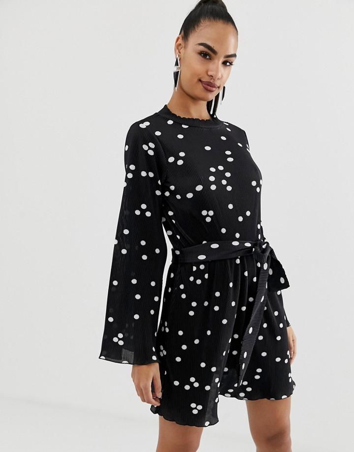 Asos Design Polka Dot High Neck Plisse Dress With Self Belt-multi