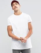 Asos Longline T-shirt With Roll Sleeve In White - White