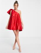 Ever New Oversized Bow One Shoulder Mini Dress In Red
