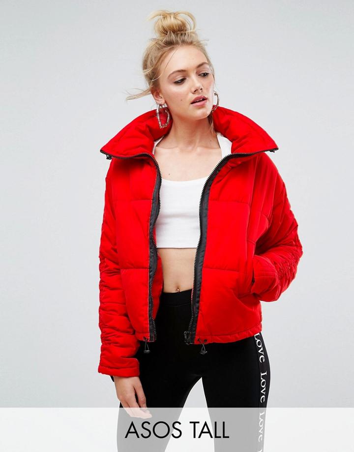Asos Tall Puffer Coat With Ruched Arm And Sporty Trims - Red