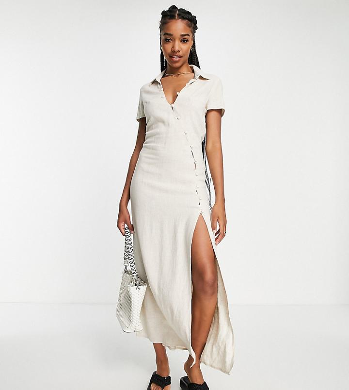 Asos Design Tall Curved Button Shirt Midi Dress In Linen In Natural-neutral