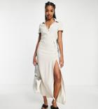 Asos Design Tall Curved Button Shirt Midi Dress In Linen In Natural-neutral