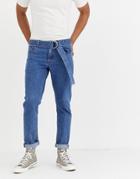 Asos Design Slim Jeans In Flat Mid Blue With Self Belt