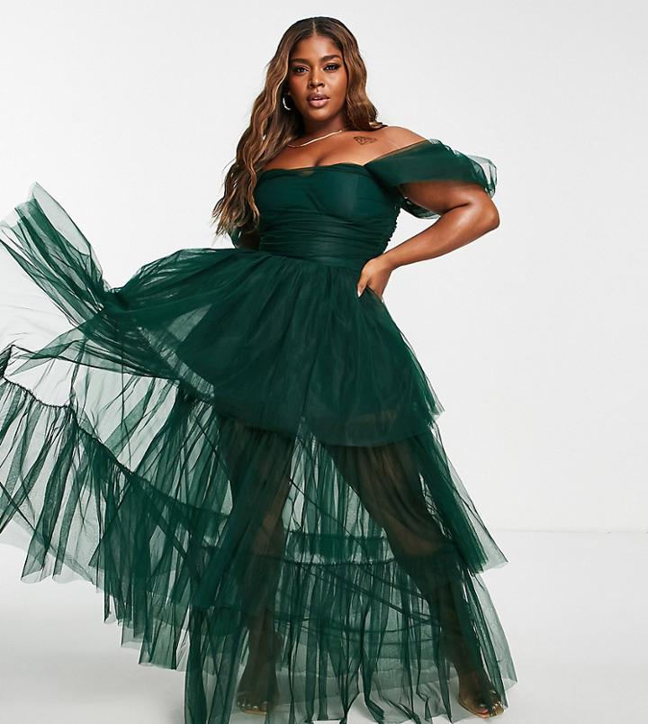 Lace & Beads Plus Exclusive Off Shoulder Tulle Maxi Dress In Emerald Green