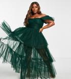 Lace & Beads Plus Exclusive Off Shoulder Tulle Maxi Dress In Emerald Green