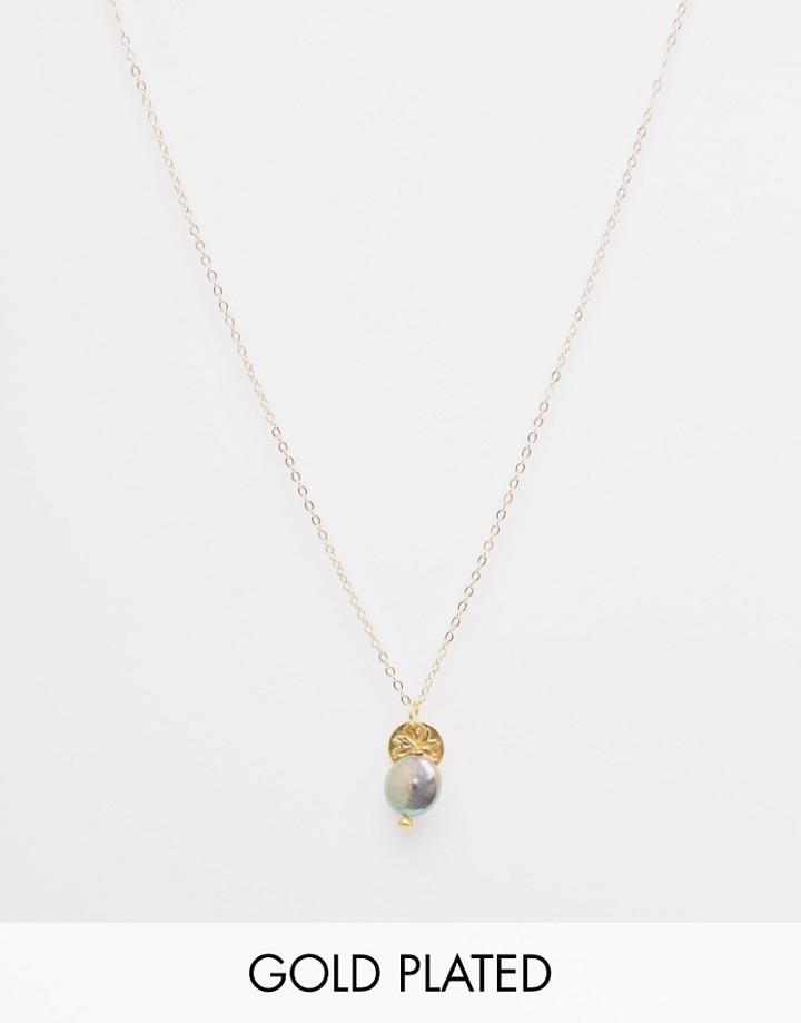 Mirabelle Carita Peacock Coin Pearl Pendant On 45cm Gold Plated Chain - Gold