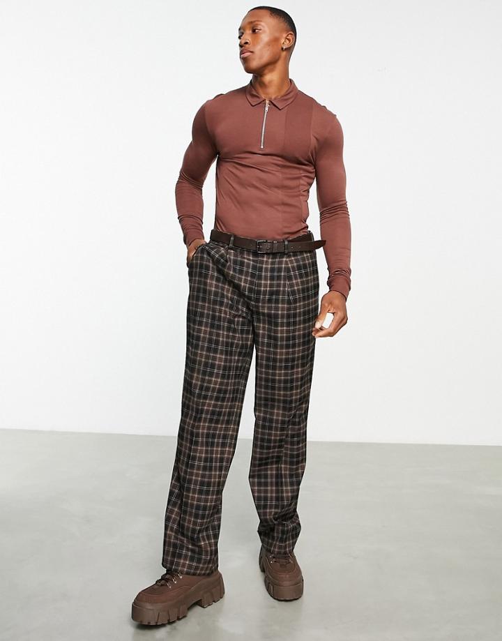 Asos Design Muscle Fit Long Sleeve Polo With Zip Detail In Brown
