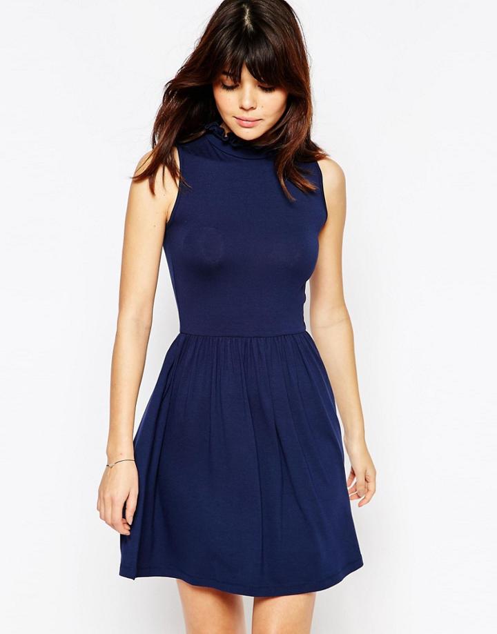 Asos Ruffle Edge High Neck Skater Dress - Navy