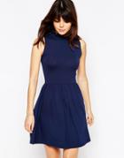 Asos Ruffle Edge High Neck Skater Dress - Navy