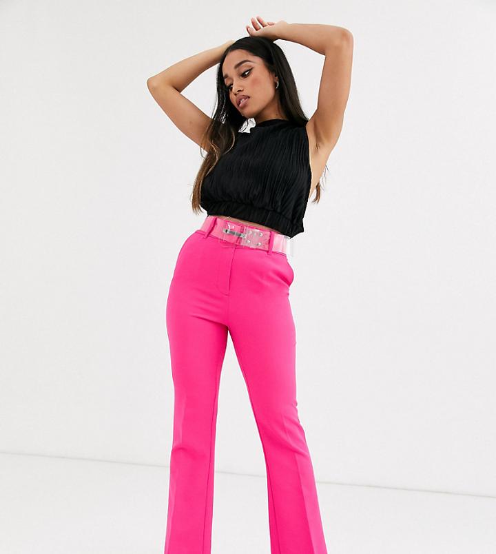Asos Design Petite Pop Pink Slim Kick Flare Pants With Clear Belt