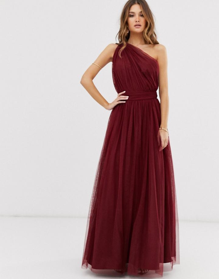 Asos Design One Shoulder Tulle Maxi Dress In Oxblood-red