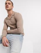 Asos Design Muscle Fit Long Sleeve Jersey Waffle Polo In Gray-neutral