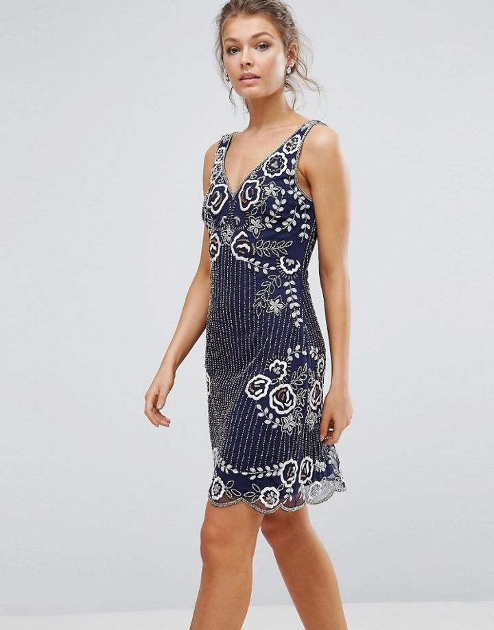 Frock & Frill Floral Embellished Flapper Mini Dress - Navy