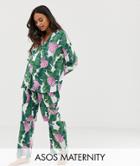 Asos Design Maternity Palm & Shell Pyjama Pants Set In 100% Modal - Multi