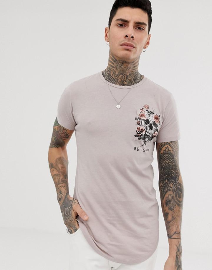 Religion T-shirt With Skull Floral Pocket Print - Pink