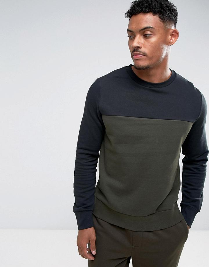 Brave Soul Block Stripe Crew Neck Sweat - Green