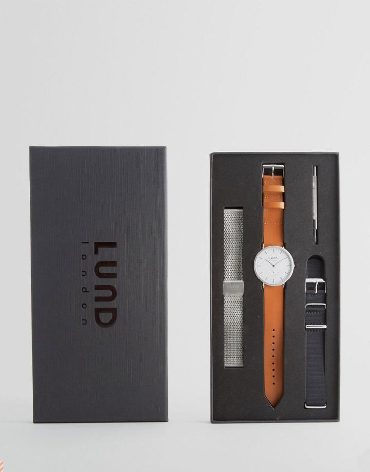 Lund London Tan Leather Nato & Silver Mesh Watch With 3 Interchangable
