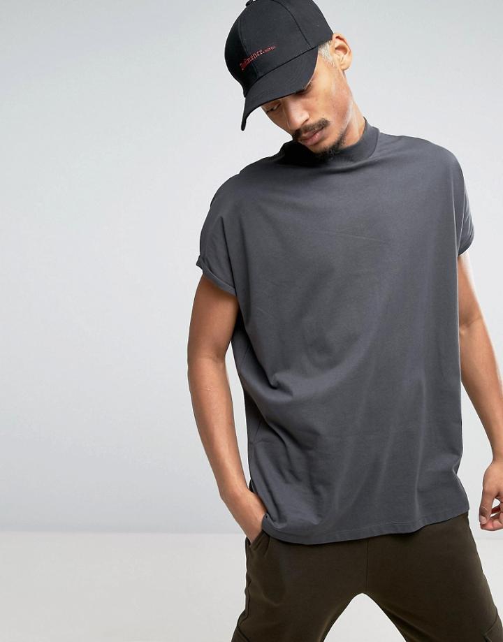 Asos Super Oversized T-shirt With Turtleneck And Roll Sleeve In Washed