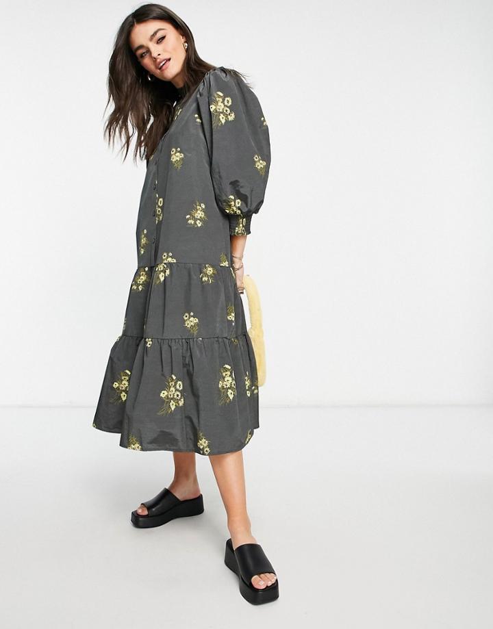& Other Stories Puff Sleeve High Neck Midi Smock Dress In Floral-multi