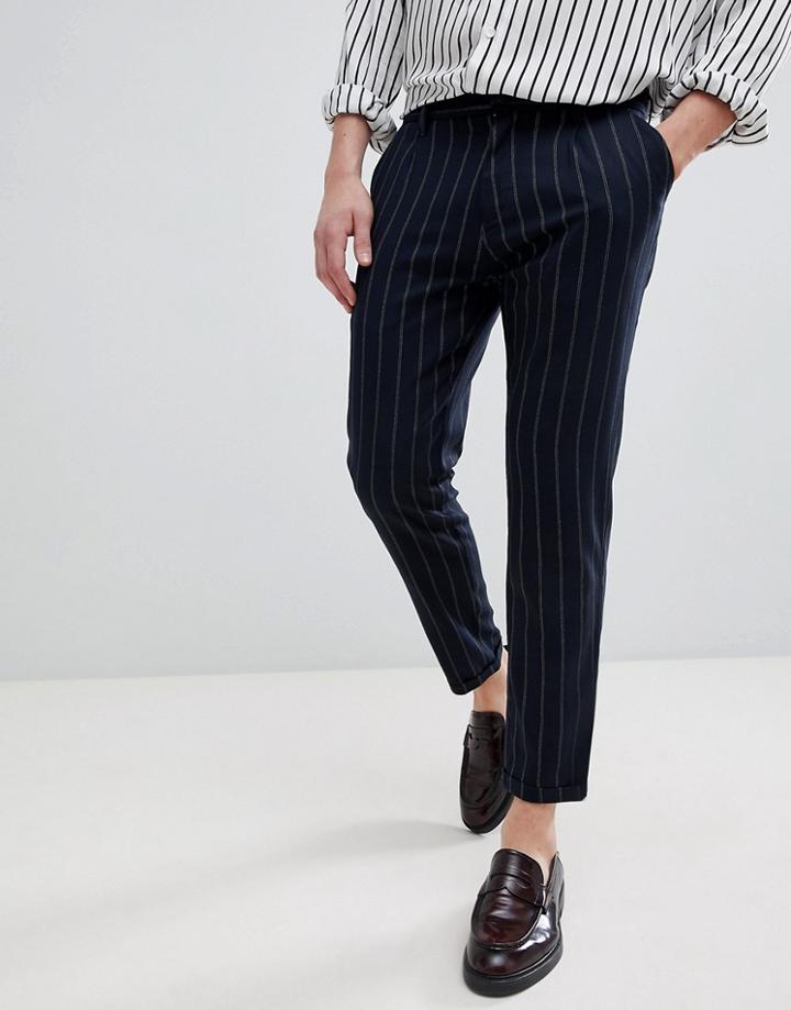 Pull & Bear Striped Tailored Pants In Navy - Navy