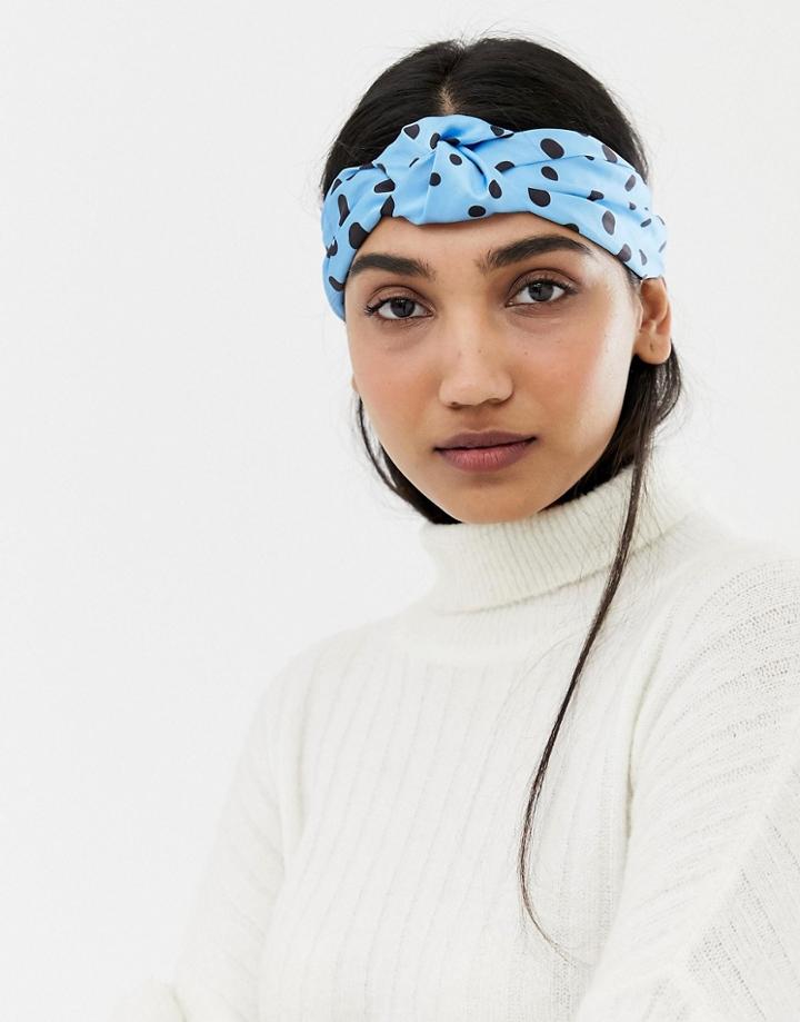 Asos Design Knot Front Headband In Blue Polka Dot Print - Blue
