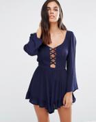 Love & Other Things Lace Up Front Romper - Blue