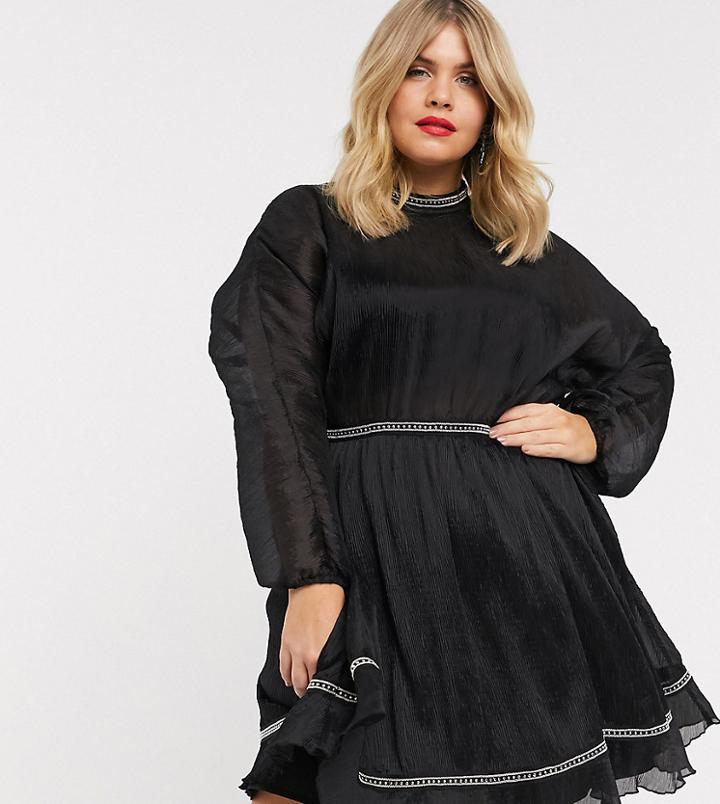 Asos Design Curve Textured Chiffon Skater Mini Dress With Metallic Stud Detail-black