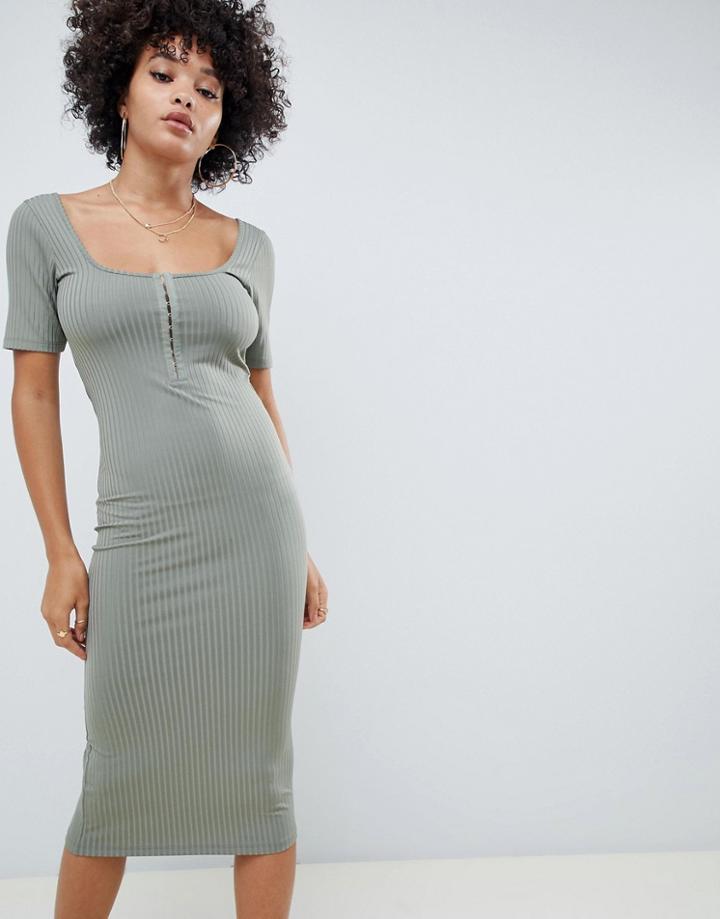 Asos Design Super Scoop Rib Midi Dress With Hook And Eye-green