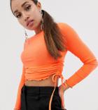 Asos Design Petite Crew Neck Fitted Top With Ruched Sides - Orange