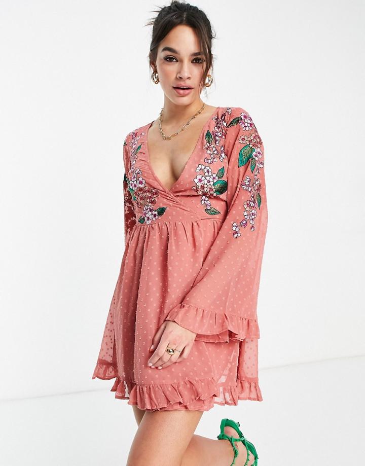 Asos Design Textured Wrap Mini Skater Dress With Ruffles And Floral Embroidery In Peach-orange