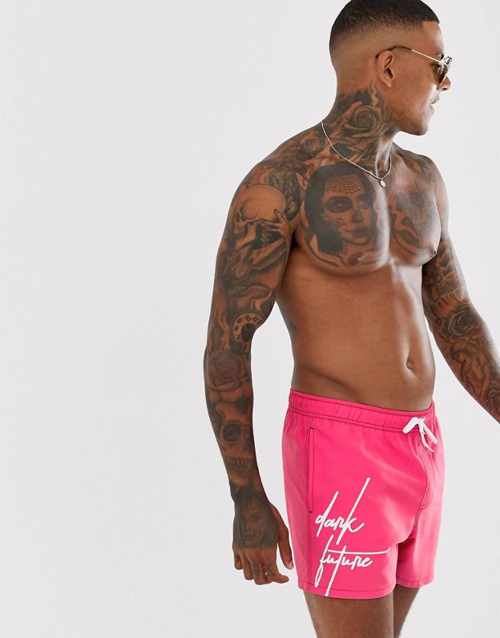 Asos Design Swim Short In Pink With Dark Future Branding Short Length