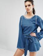 Kendall + Kylie Frayed Chambray Pullover Top - Blue