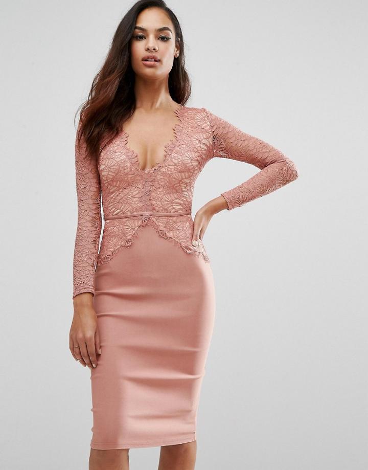 Rare London Plunge Scallop Lace Midi Dress - Pink