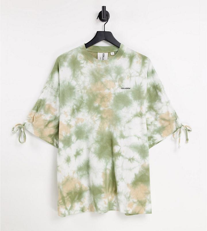 Collusion Unisex Tie-dye Oversized T-shirt With Rouched Drawcord Detail-green