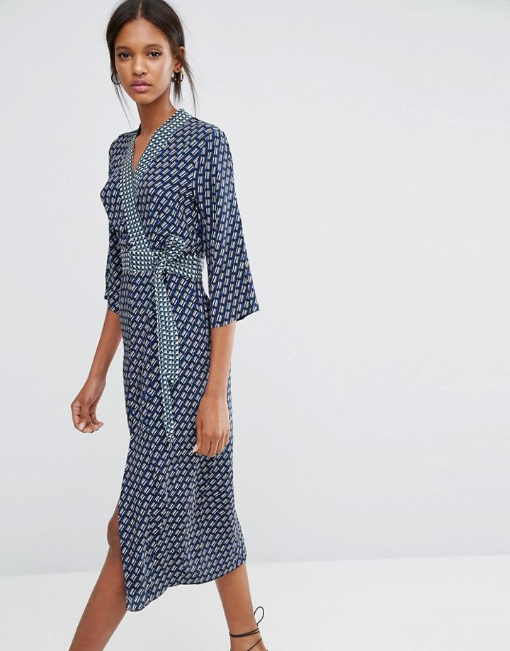 Closet Cross Over Tie Belt Midi Dress - Multi