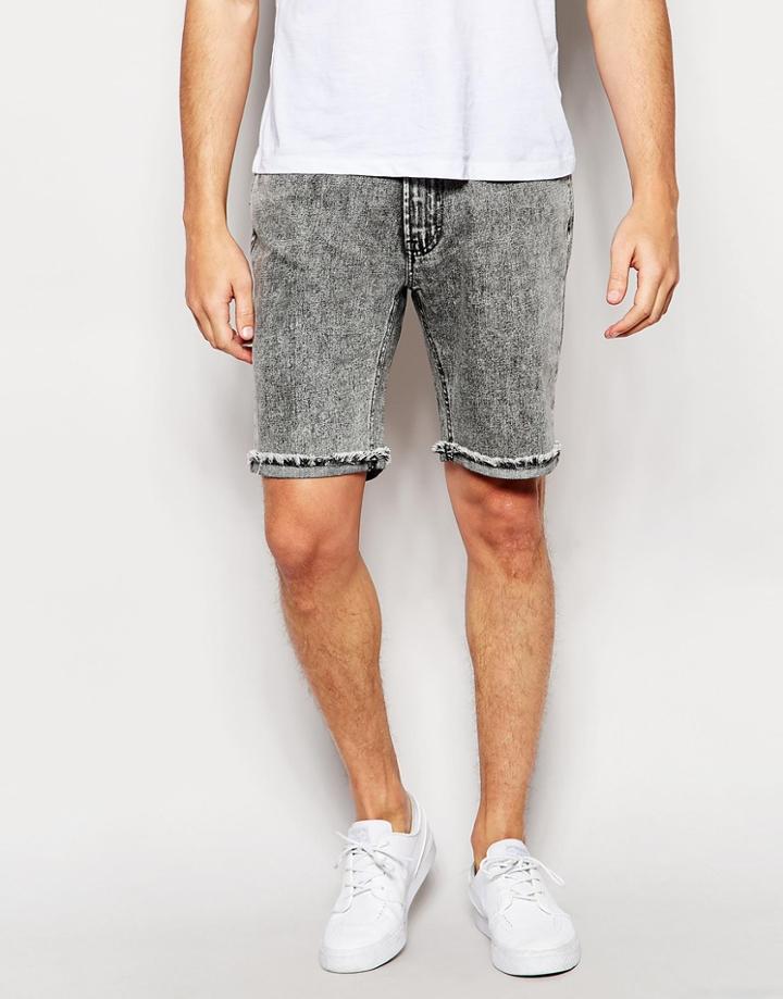 Waven Denim Shorts Straight Fit Mottled Black Acid Wash Raw Hem - Mottled Black