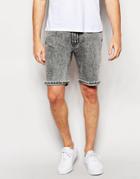 Waven Denim Shorts Straight Fit Mottled Black Acid Wash Raw Hem - Mottled Black