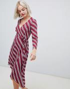 New Look Wrap Asymmetric Stripe Midi Dress - Brown