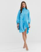 Asos Design Satin Midi Dress With Scarf Neck And With Extreme Sleeve - Blue