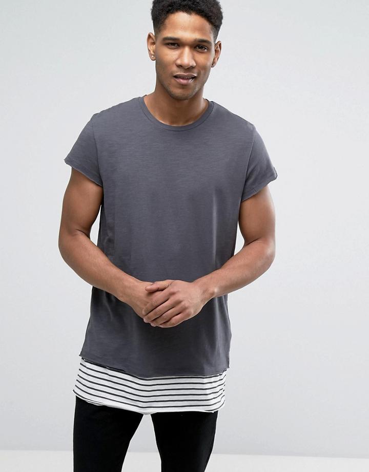 Jack & Jones Originals Longline T-shirt With Drop Stripe Hem - Gray