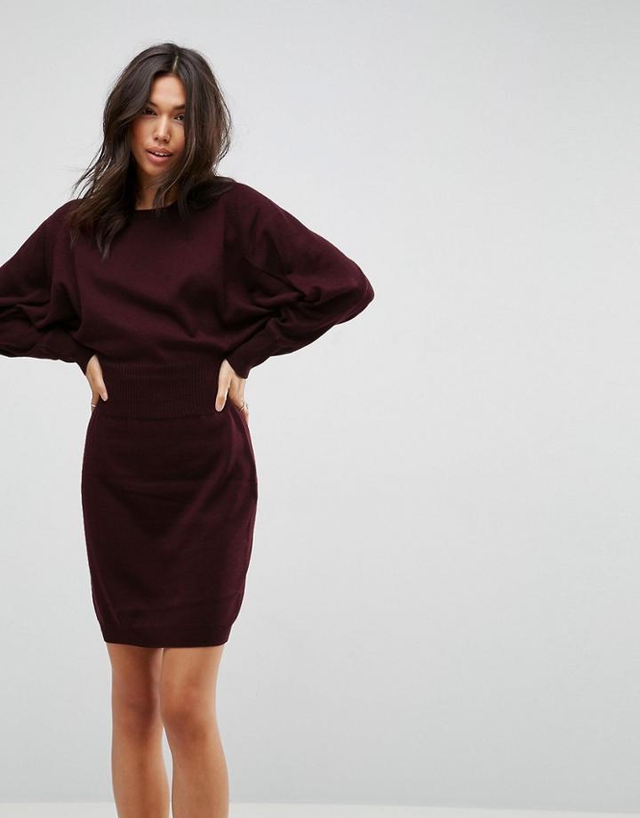 Asos Knitted Mini Dress With Batwing Sleeve - Red