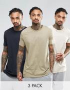 Asos 3 Pack Longline T-shirt In Beige/navy/beige Marl Save - Multi