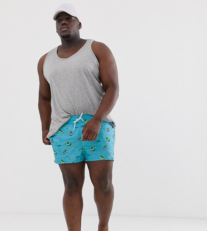 Asos Design Plus Swim Shorts With Crocodile In The Pool Print Super Short Length - Blue