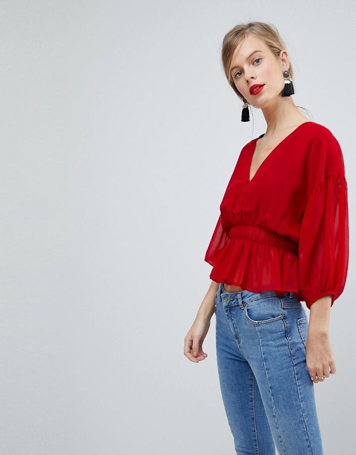 Asos Sheer Waisted Poets Sleeve Blouse - Red