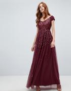 Amelia Rose Embellished Ombre Sequin Maxi Dress With Cami Strap In Berry - Red