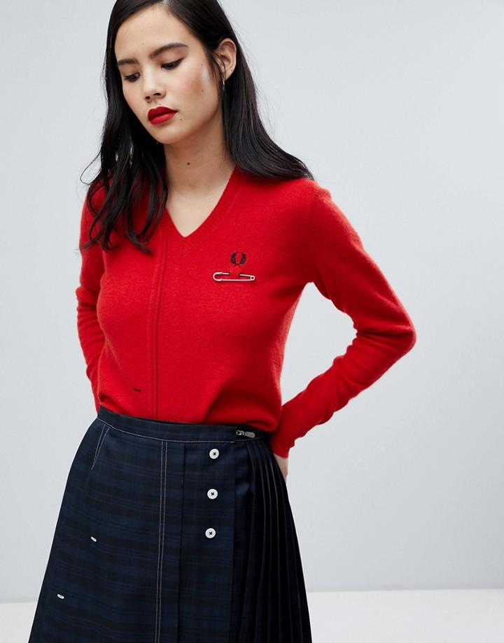Fred Perry X Le Kilt Cut & See V-neck Knit Sweater - Red