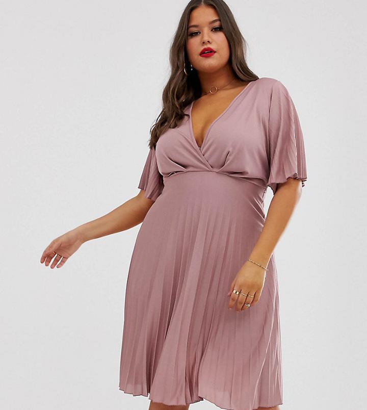 Asos Curve Kimono Pleated Midi Dress-pink