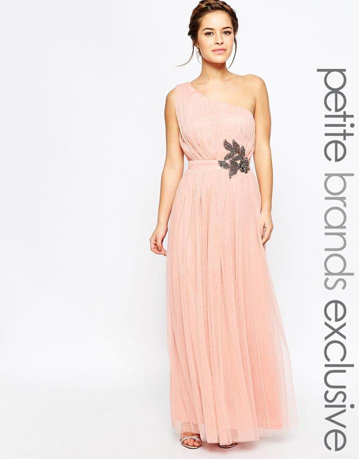 Little Mistress Petite One Shoulder Embellished Waist Tulle Maxi Dress - Peach