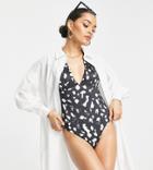 Asos Design Petite Gathered Plunge Swimsuit In Mono Spot Print-multi