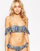 Asos Guilded Tile Print Frill Off Shoulder Bikini Top - Guilded Tile Print